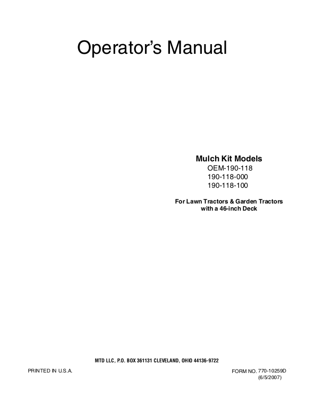 MTD Mulch Kit 190-118-000, OEM-190-118 User Manual