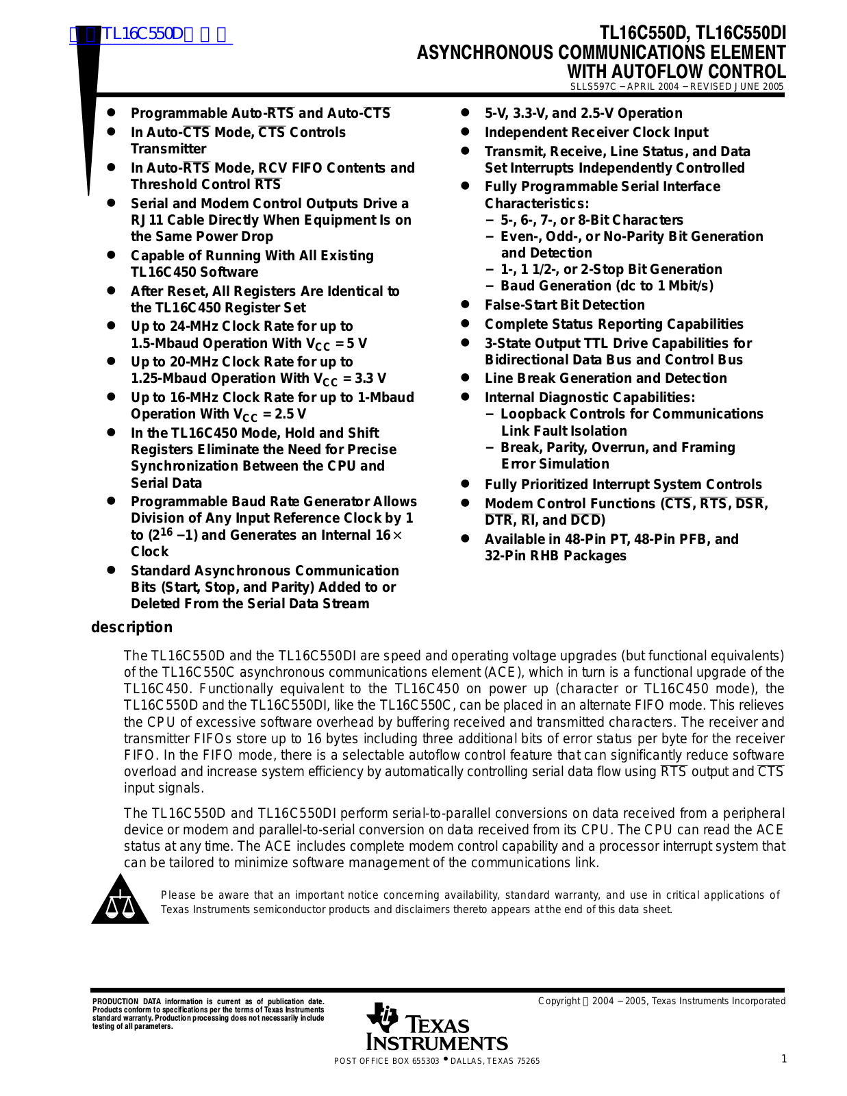 TEXAS INSTRUMENTS TL16C550D, TL16C550DI Technical data