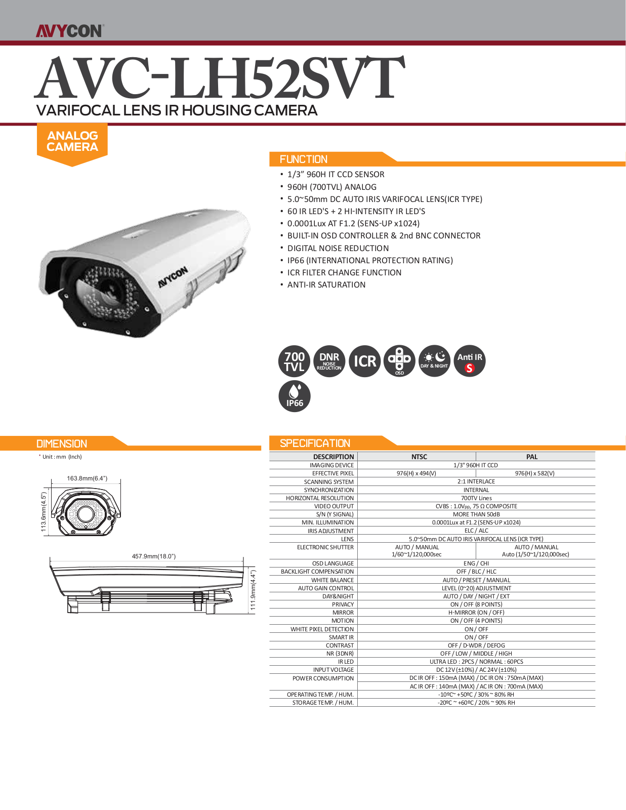 Avycon AVC-LH52SVT Specsheet