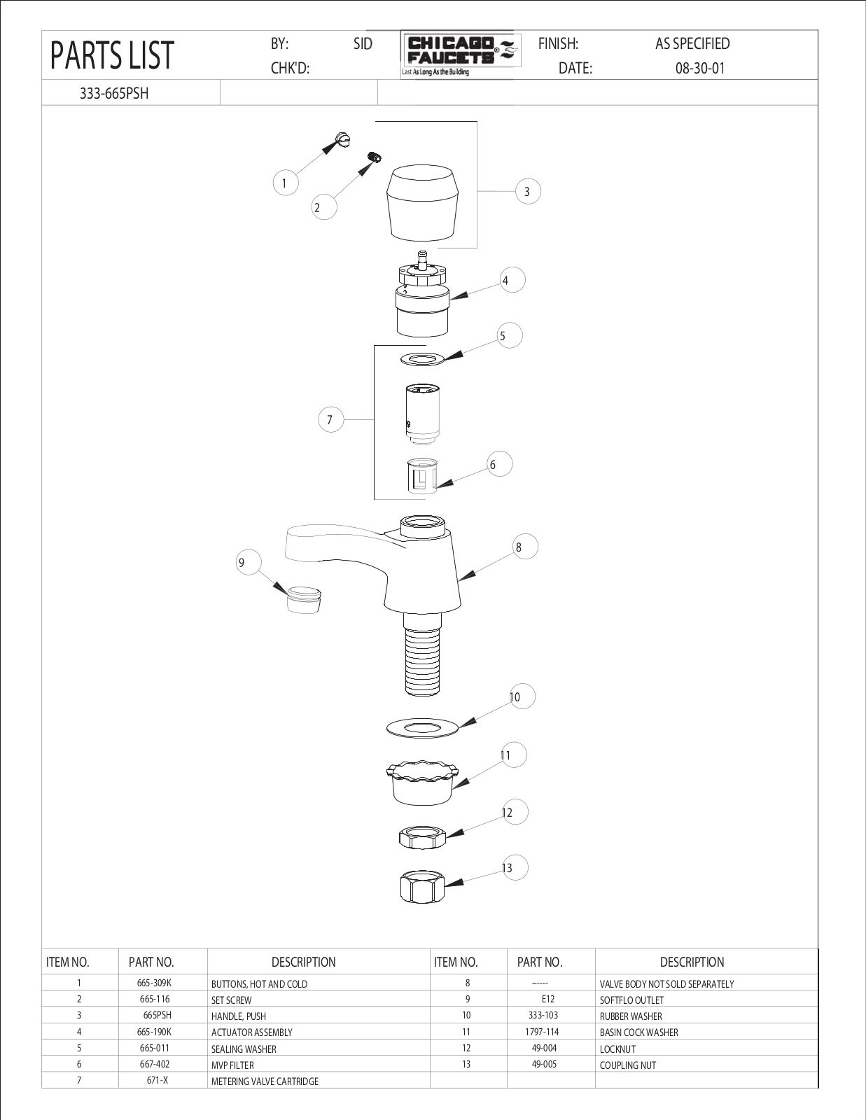 Chicago Faucet 333-665PSHCP Parts List