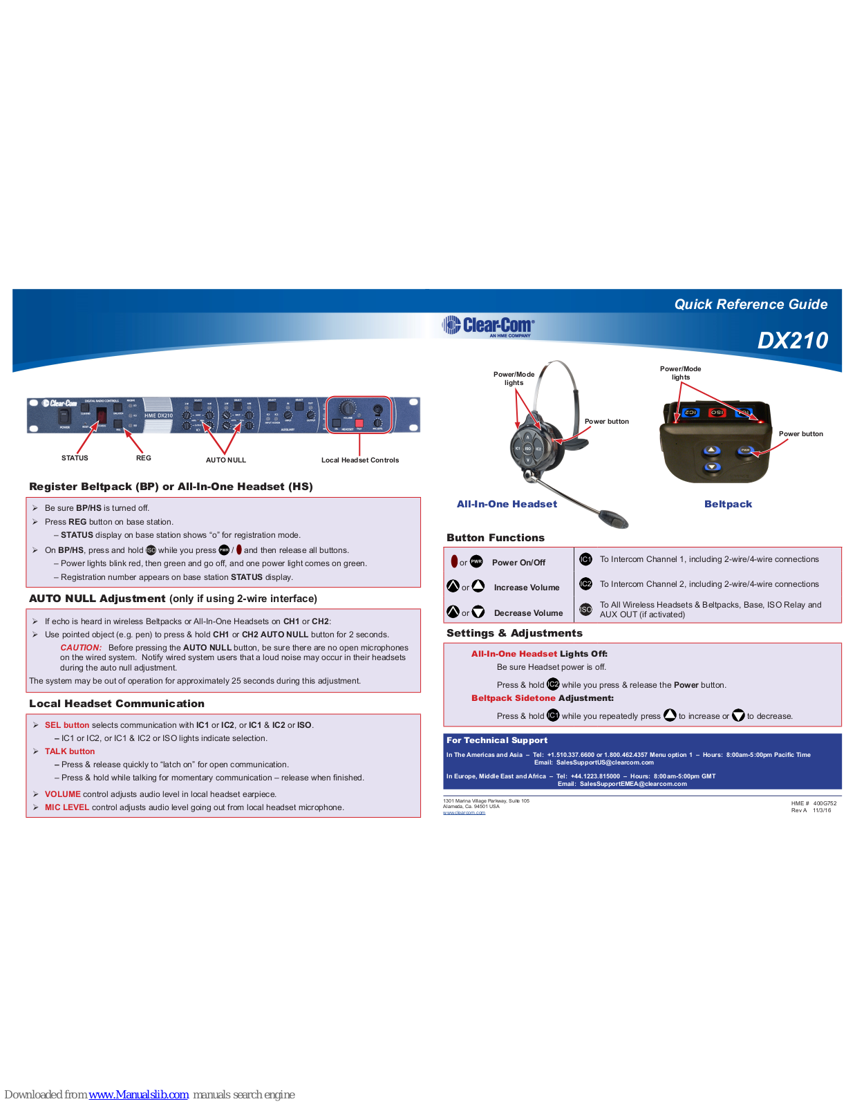 Clear-Com DX210 Quick Reference Manual