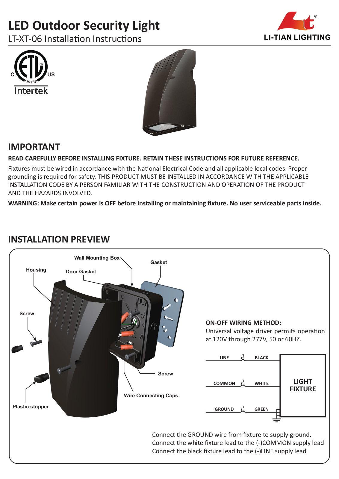 LI-TIAN LIGHTING LT-XT-06 Installation Instructions Manual