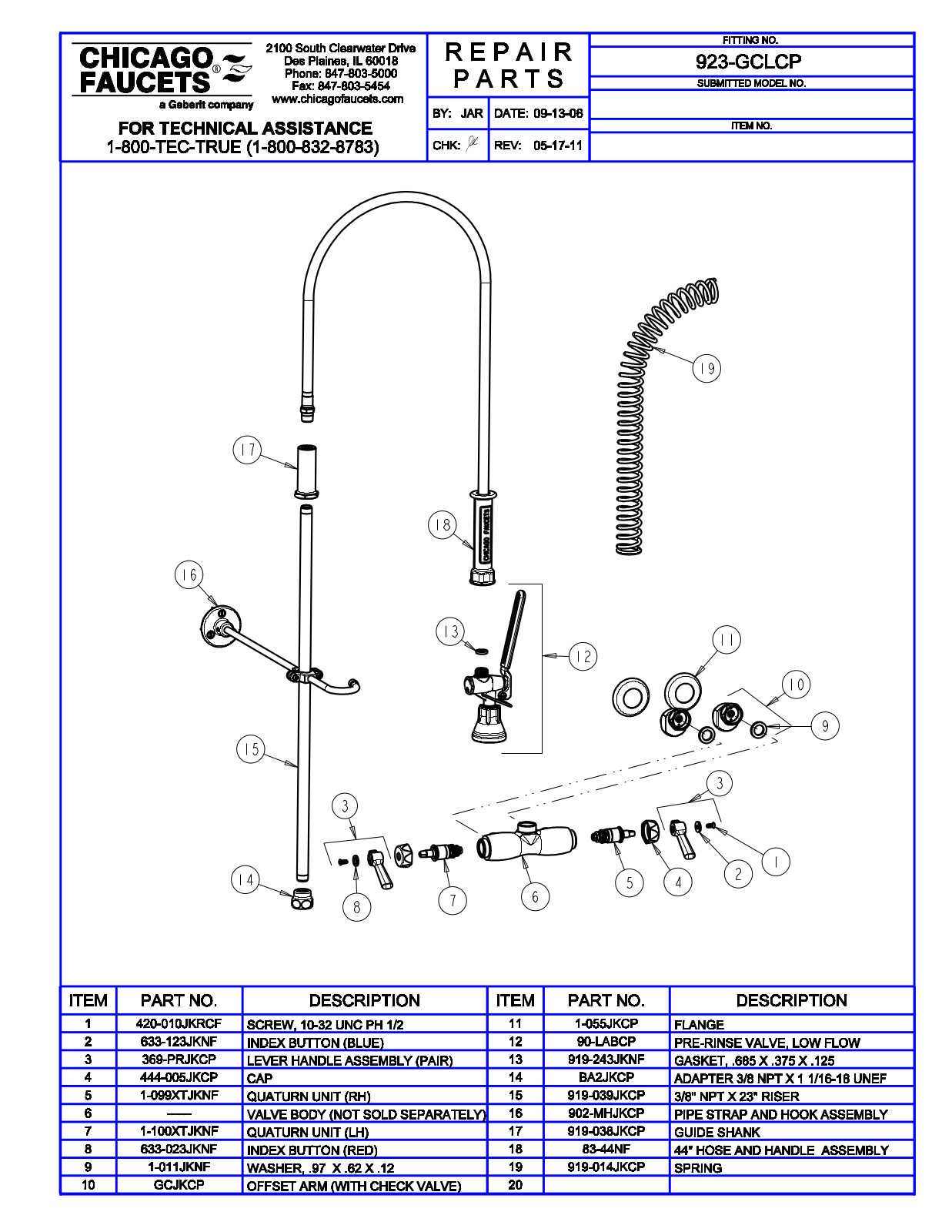 Chicago Faucet 923-GCL Parts List