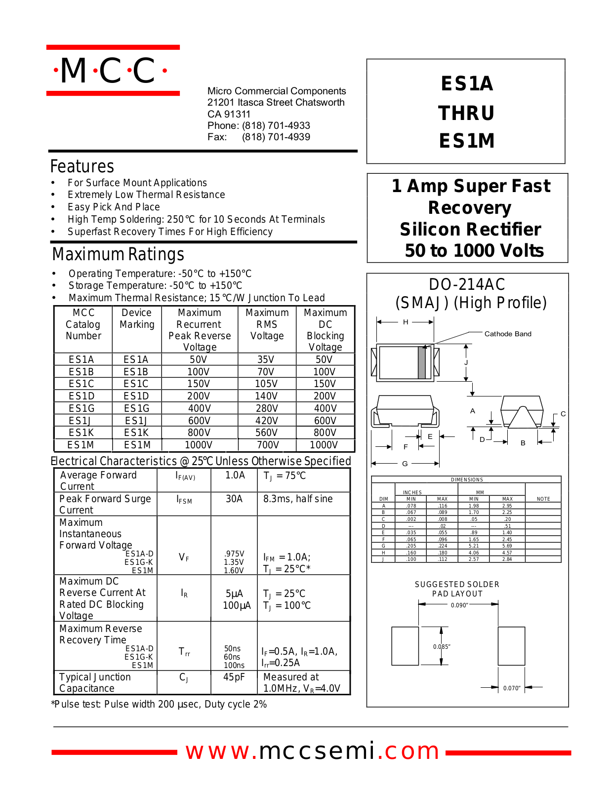 MCC ES1M, ES1K, ES1G, ES1B, ES1D Datasheet