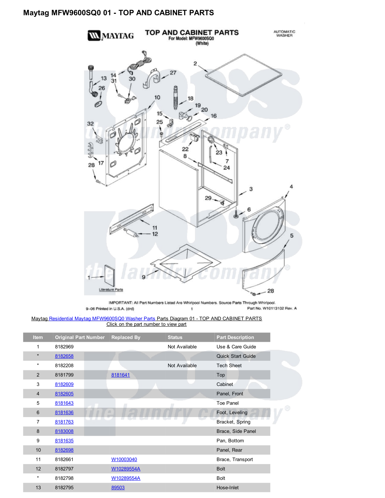 Maytag MFW9600SQ0 Parts Diagram