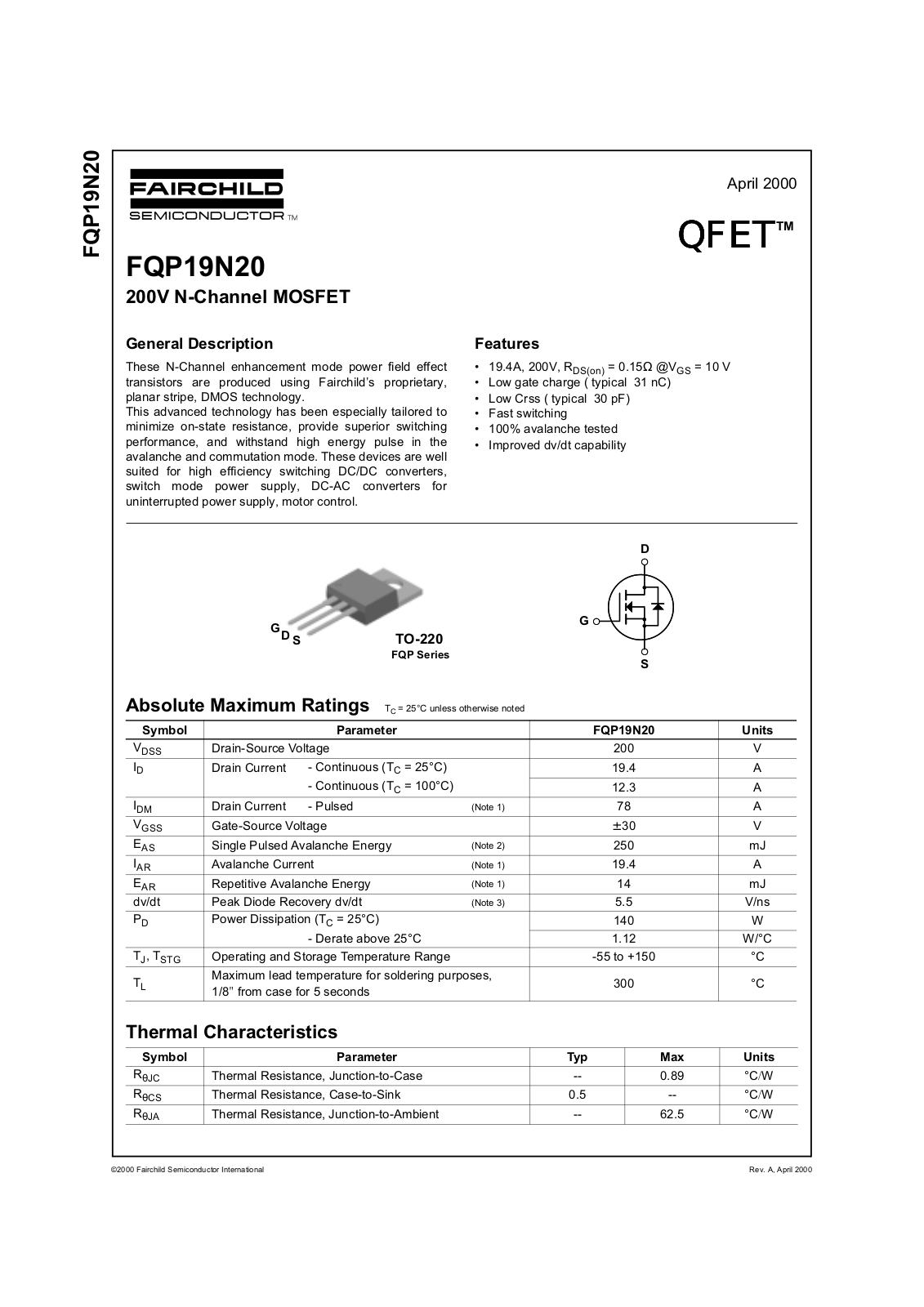 Fairchild Semiconductor FQP19N20 Datasheet