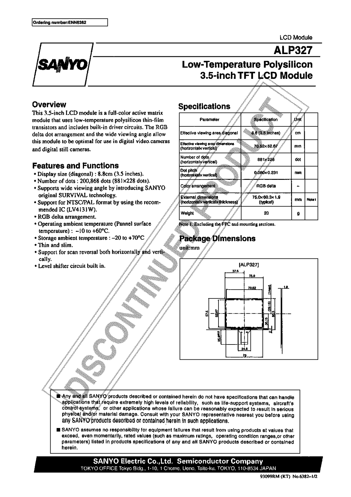 Sanyo ALP327 Specifications