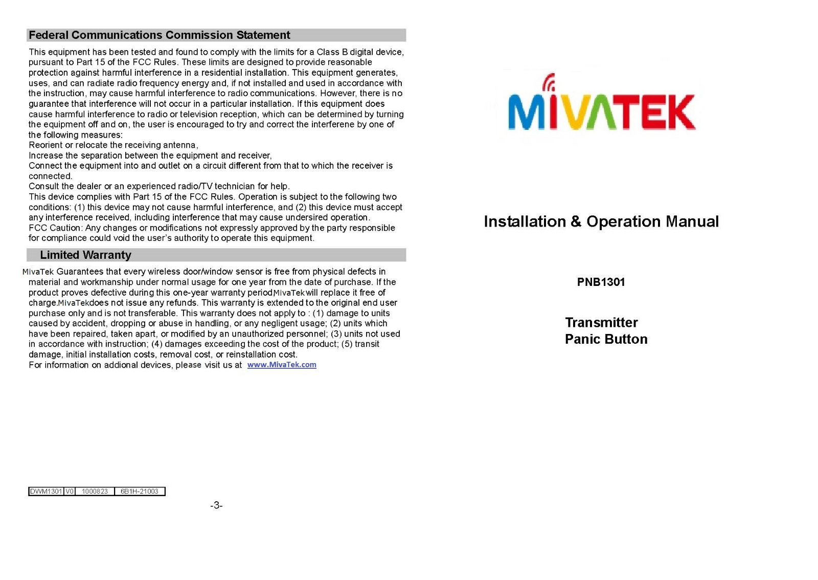 MivaTek PNB02 Users Manual