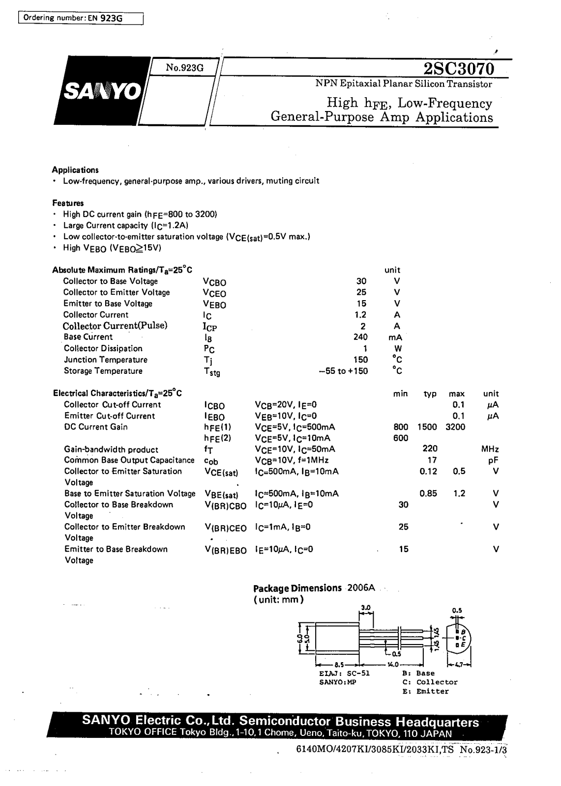 SANYO 2SC3070 Datasheet