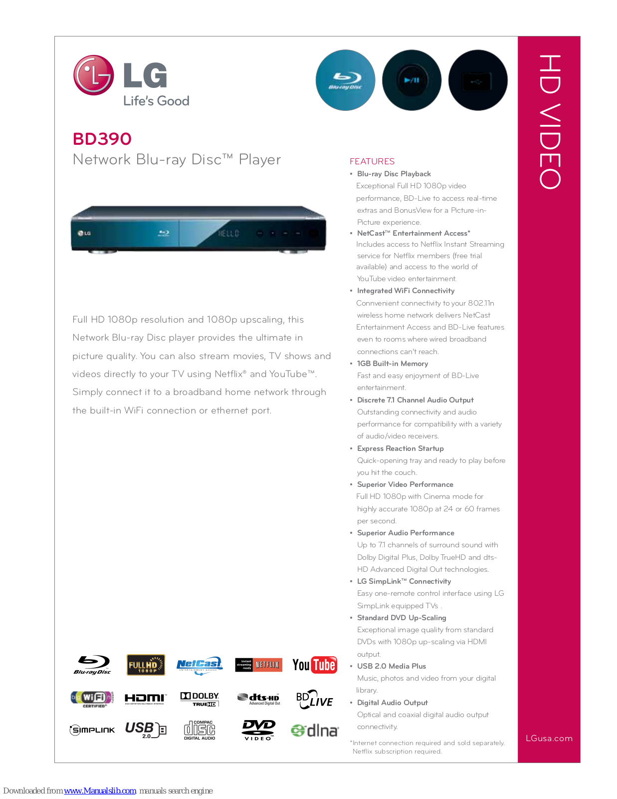 LG Network Blu-ray Disc BD390 Specification Sheet