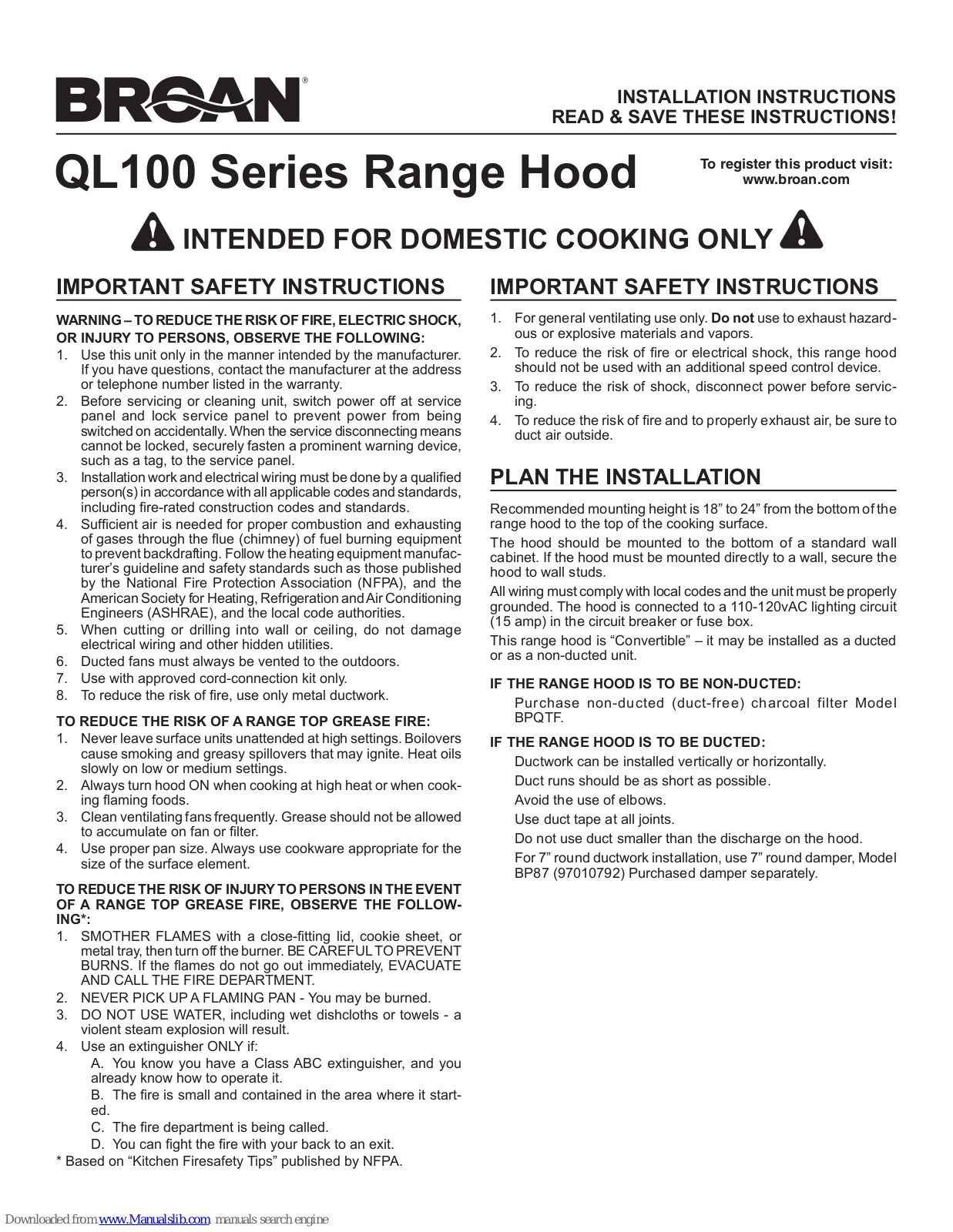 Broan QL130BC Ql100 Series, QL100 Series Installation Instructions Manual