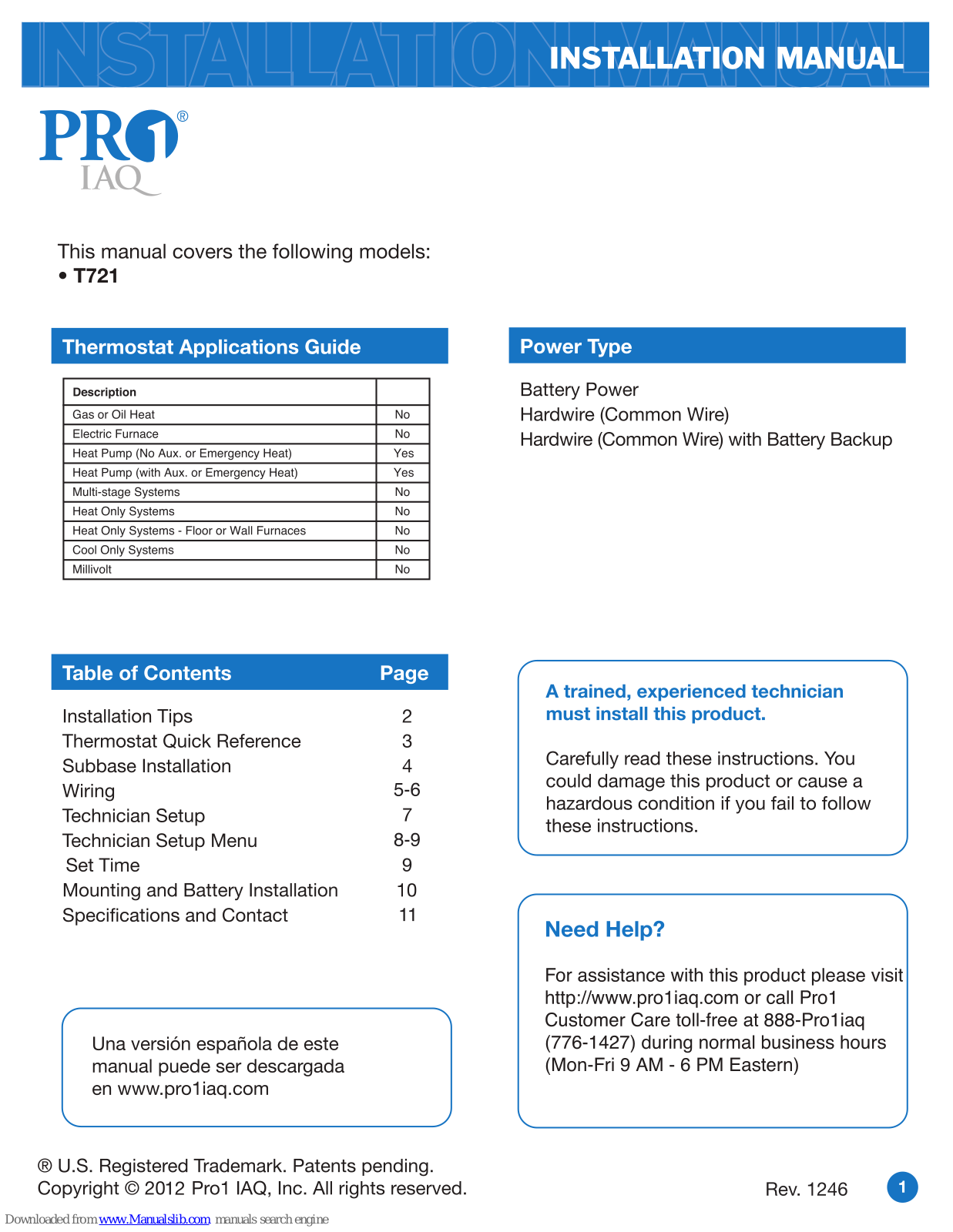 Pro1 IAQ T721 Installation Manual - ManualMachine.com