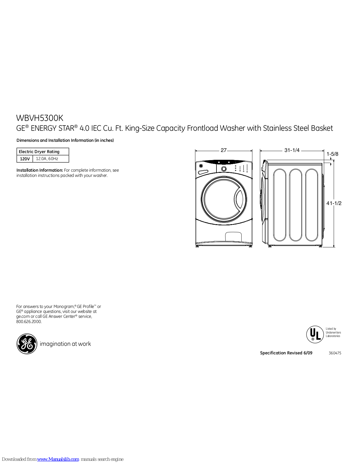 GE Energy Star WBVH5300KWW, WBVH5300K Dimensions And Installation Information