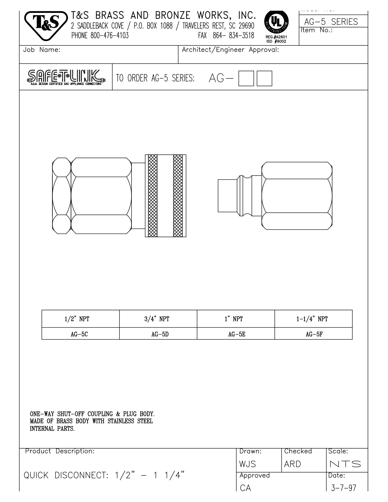 T & S Brass & Bronze Works AG-5C General Manual