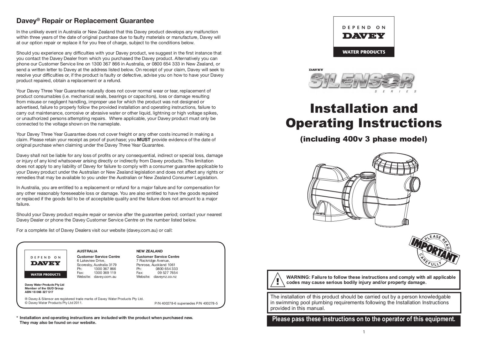 Davey SILENSOR POOL PUMP (including 400v 3 phase model) User Manual