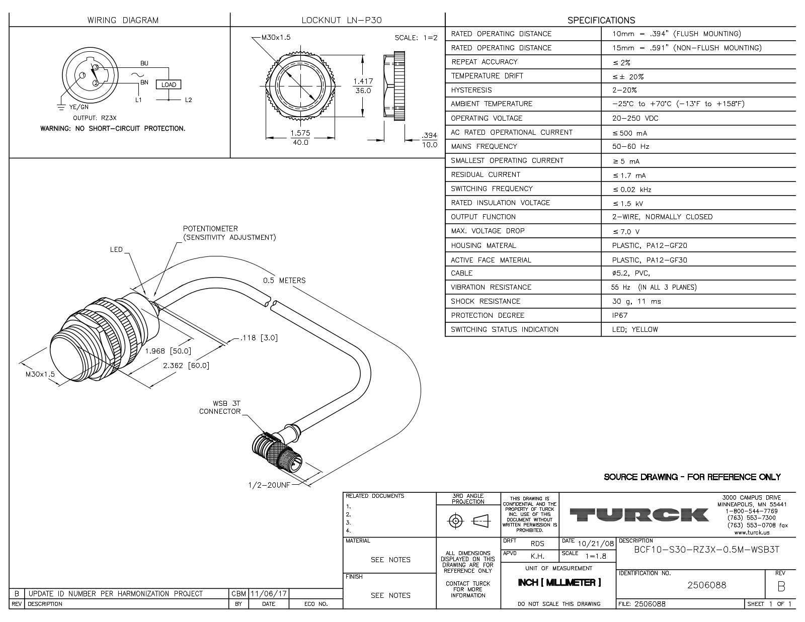 Turck BCF10-S30-RZ3X-0.5-WSB3T Data Sheet