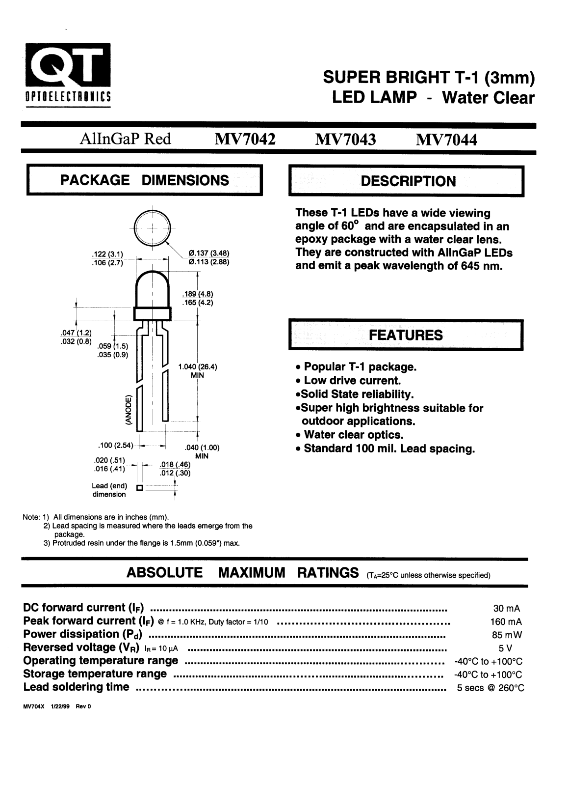 QT MV7042, MV7044, MV7043 Datasheet