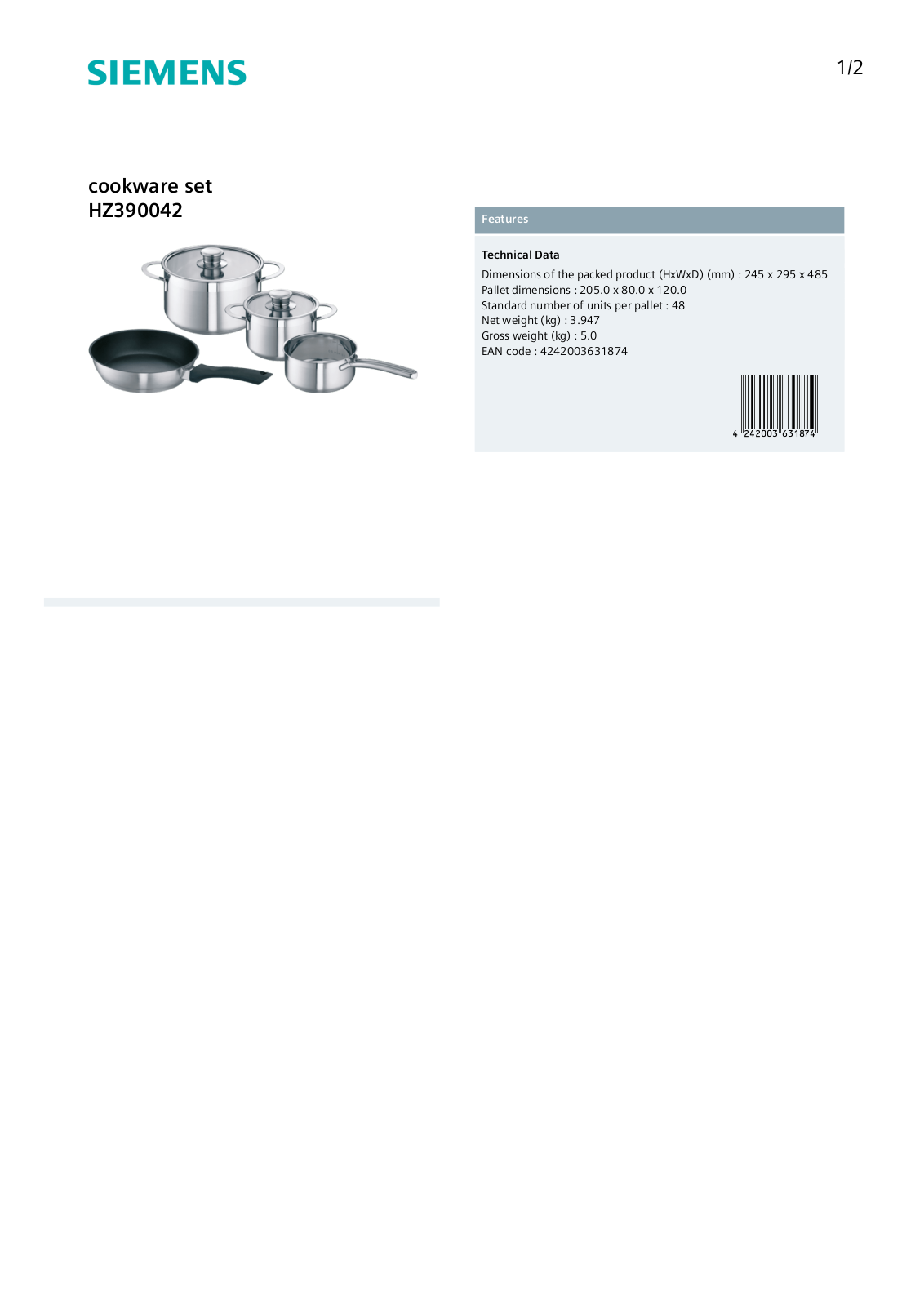 Siemens HZ390042 Specifications Sheet