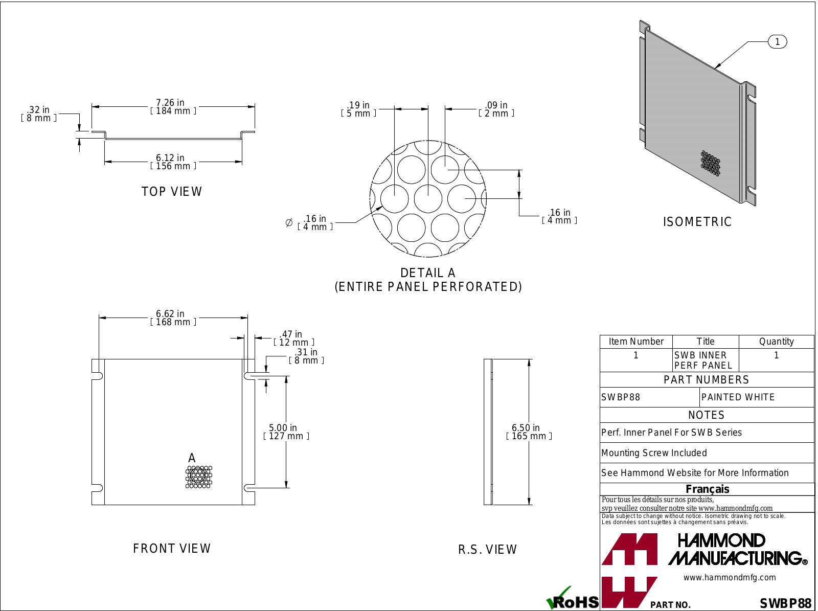 Hammond Manufacturing SWBP88 technical drawings