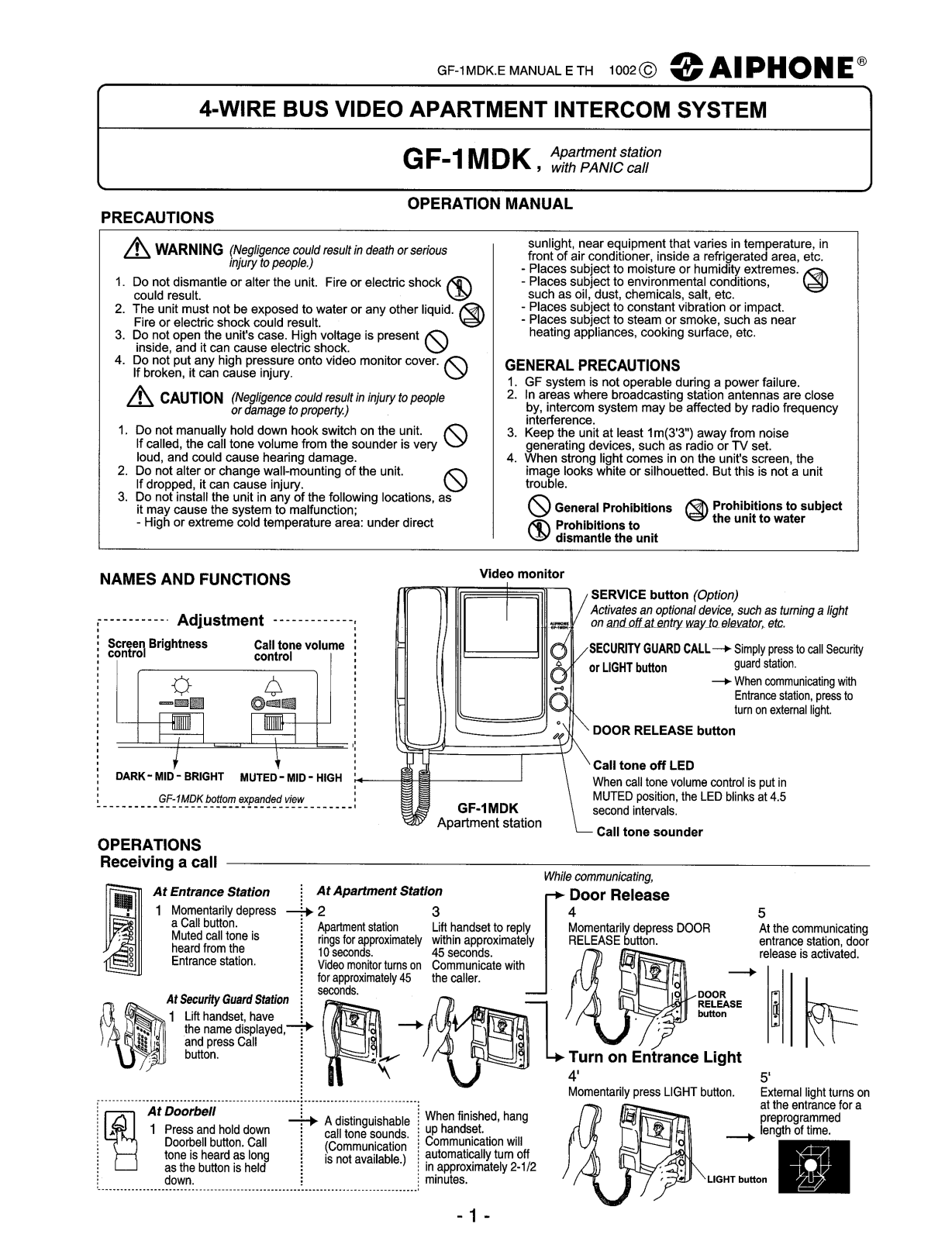 Aiphone GF-1MDK Operation Manual