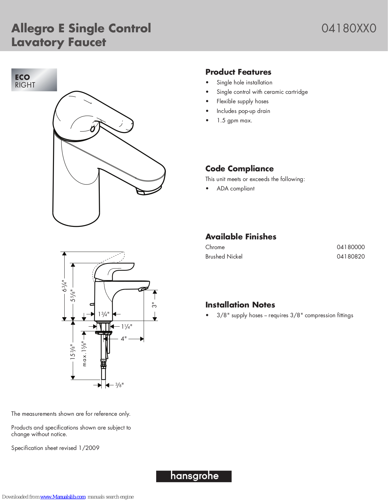 Grohe Allegro E 04180XX0 Specification Sheet