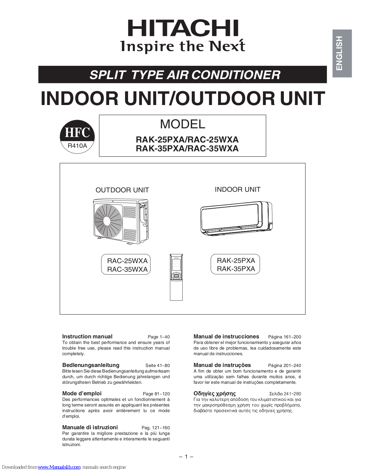 Hitachi RAK-25PXA, RAC-35WXA, RAC-25WXA, RAK-35PXA Instruction Manual