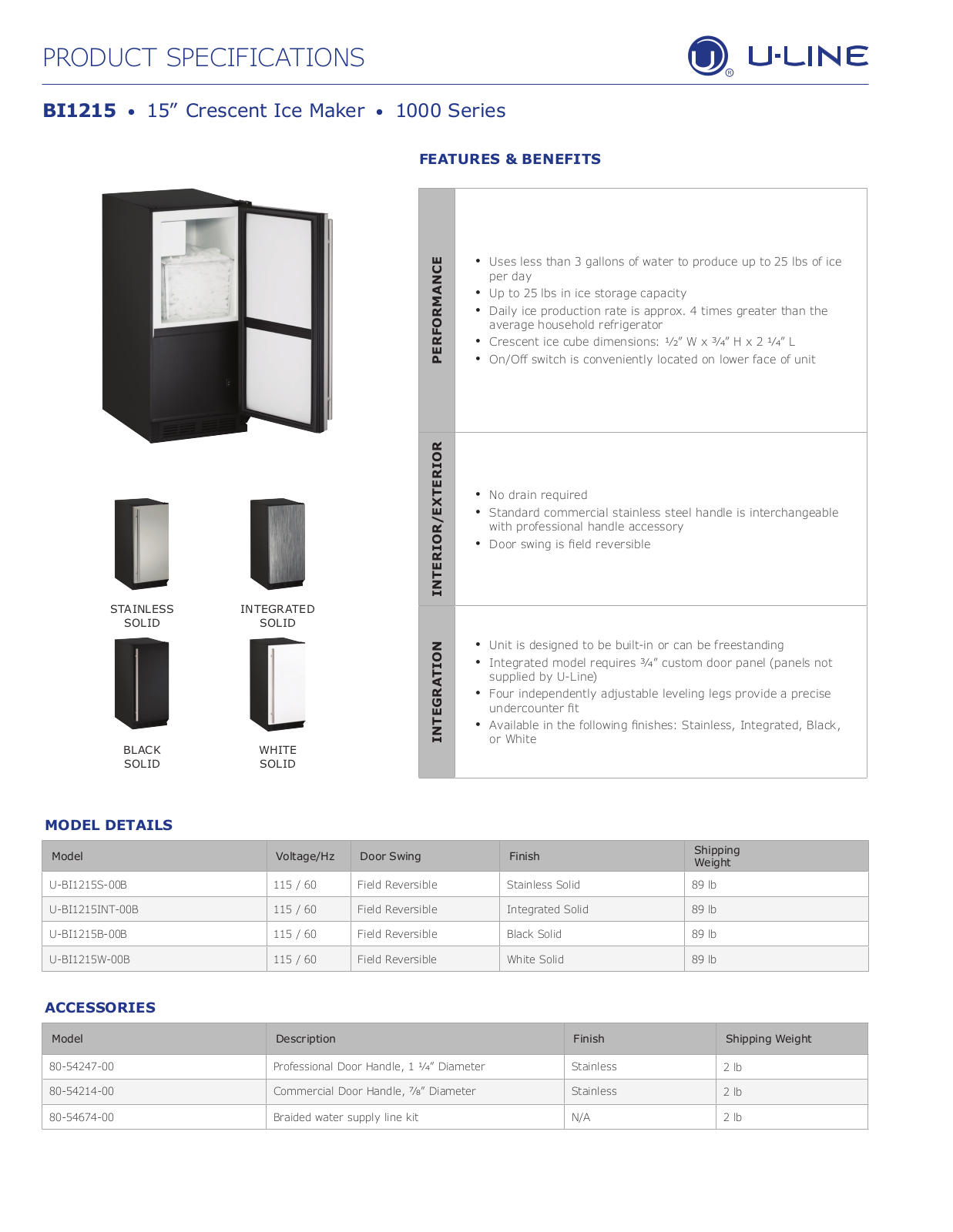 U-Line UBI1215B00B, UBI1215W00B Specifications