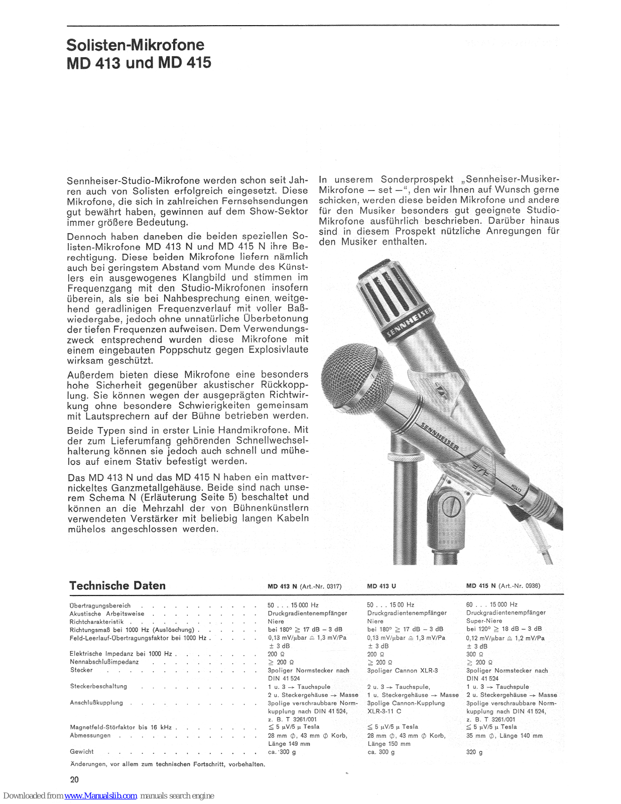 Sennheiser MD 415, MD 413 N, MD 413 U, MD 415 N Product Manual