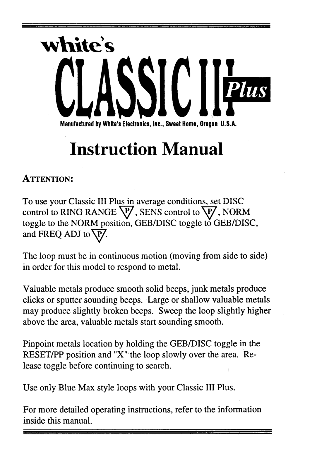 Whites Electronics CL 3 PLUS User Manual