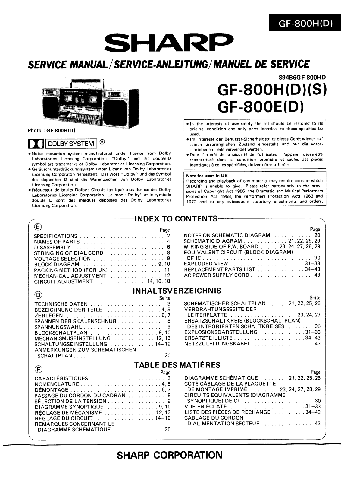 Sharp GF-800H, GF-800E Service Manual
