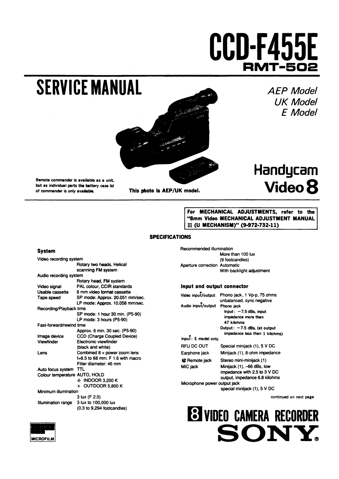 Sony CCD-F455E Service Manual