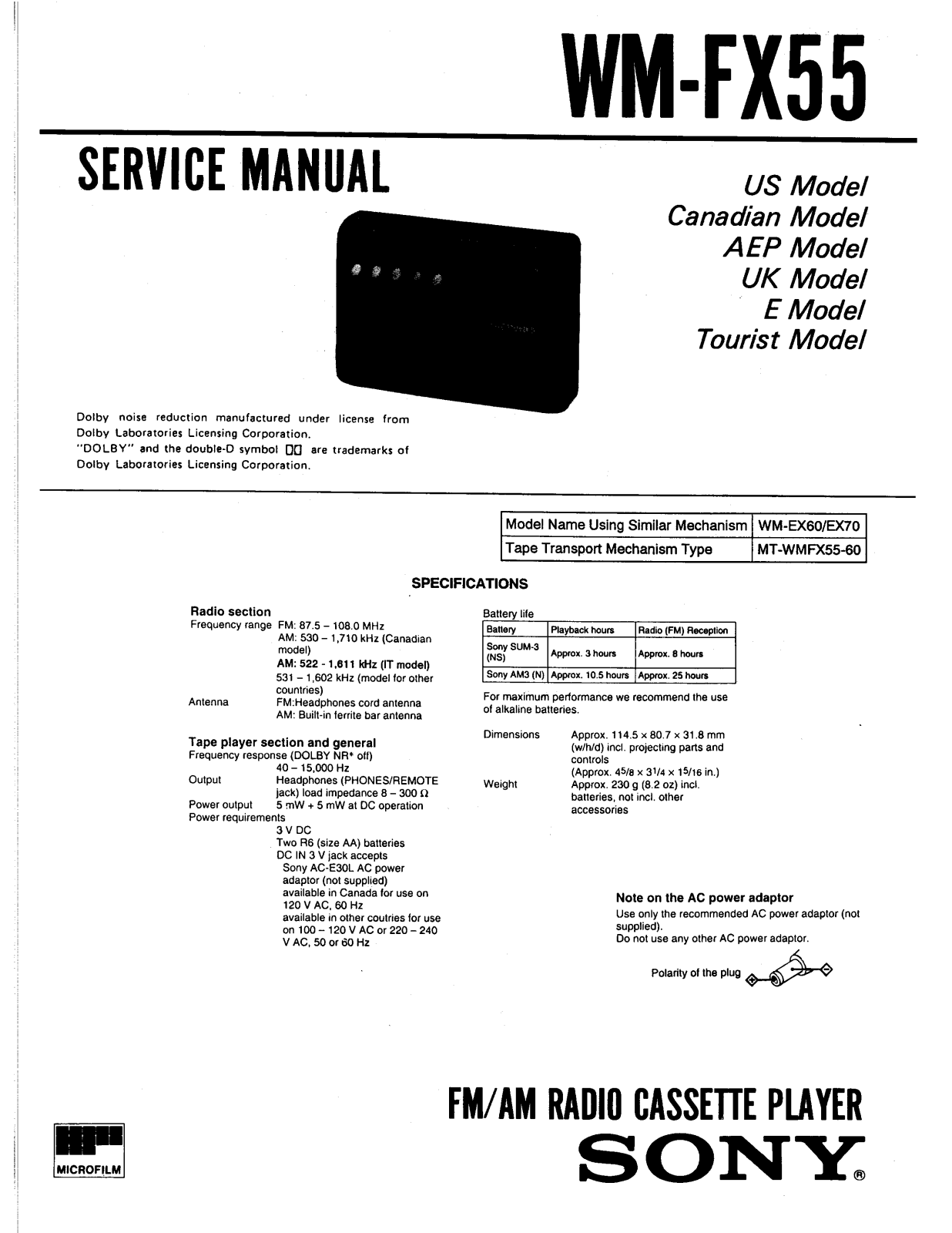 Sony WMFX-55 Service manual