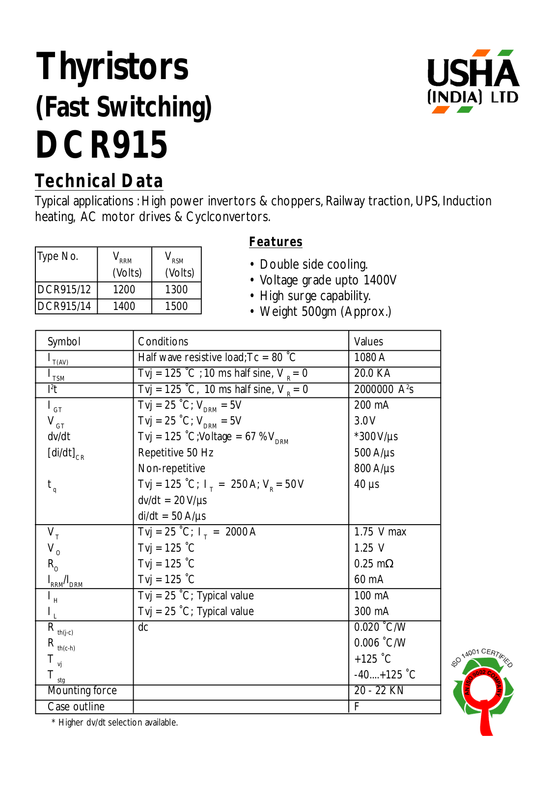 USHA DCR915-14, DCR915-12 Datasheet