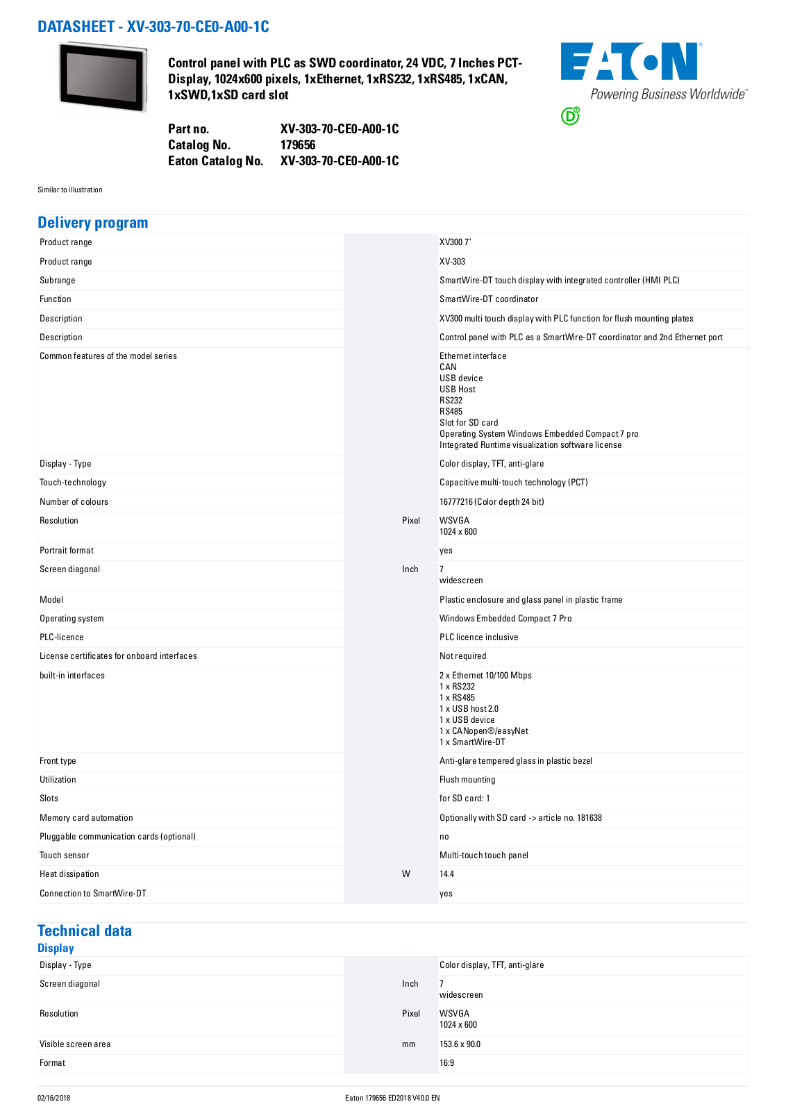 Cutler Hammer, Div of Eaton Corp XV-303-70-CE0-A00-1C Data Sheet