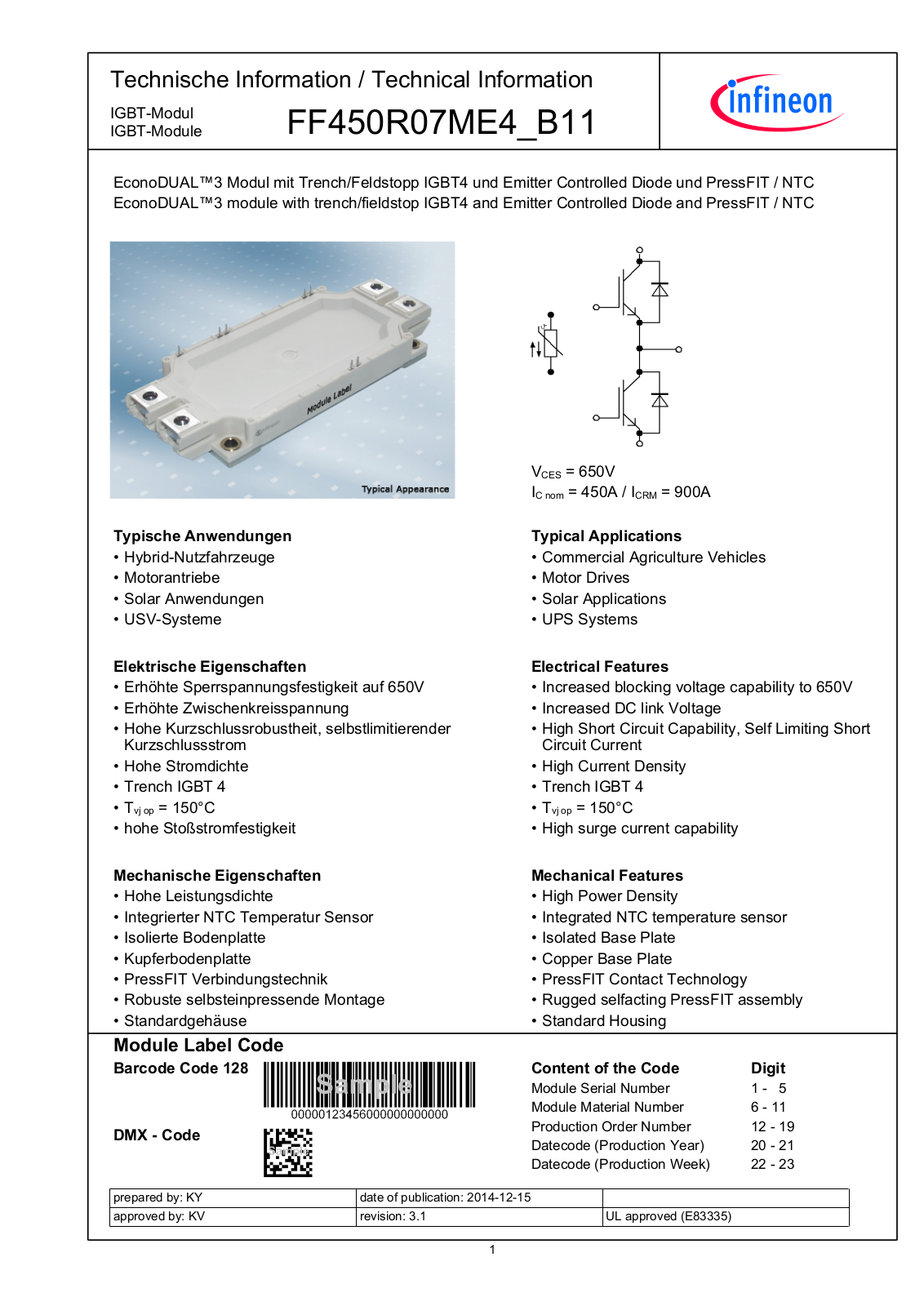 Infineon FF450R07ME4-B11 Data Sheet