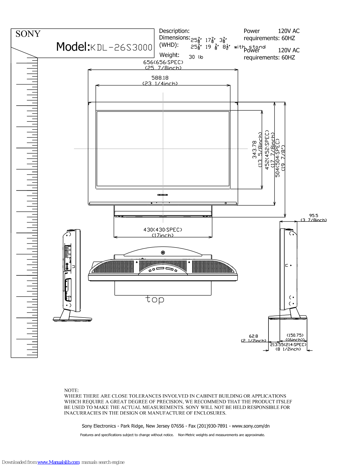 Sony KDL-26S3000G, KDL-26S3000P, KDL-26S3000R, KDL-26S3000W, KDL-26S3000LI Dimensions