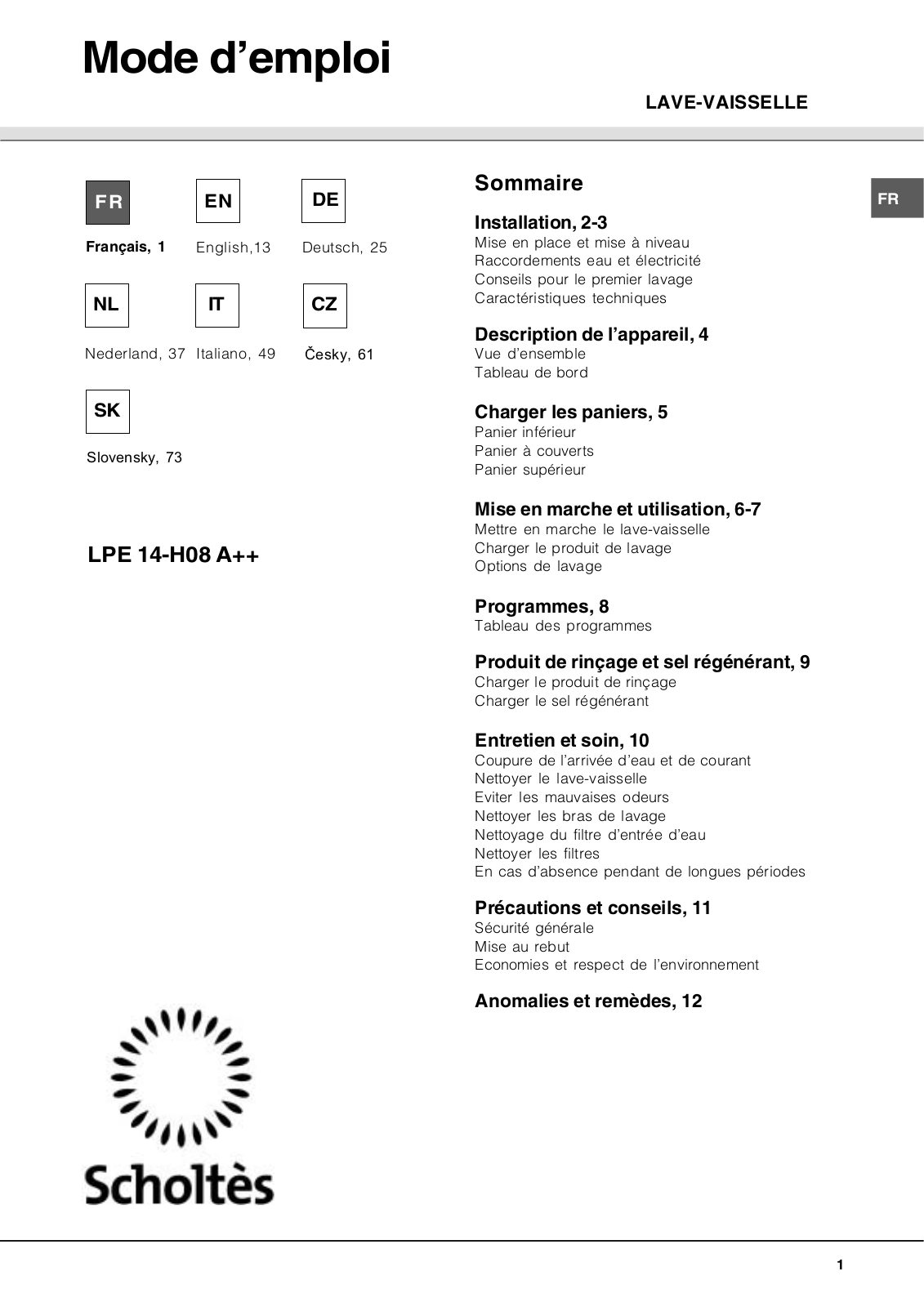 SCHOLTES LPE14H08A, LPE 14-H08 User Manual