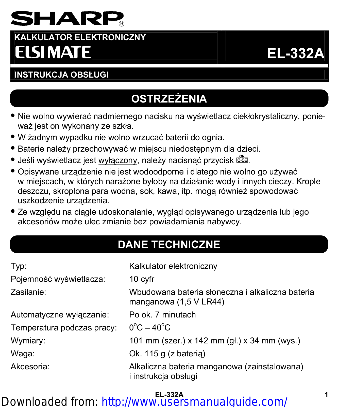 SHARP EL-332A User Manual