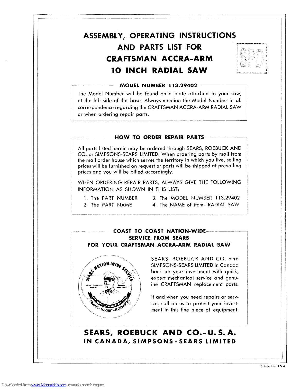 Craftsman 113.29402 Assembly, Operating Instructions And Parts List