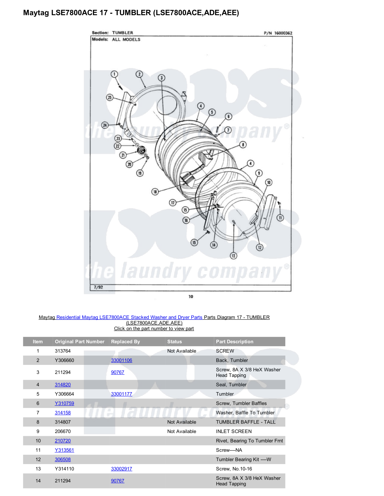 Maytag LSE7800ACE Stacked and Parts Diagram