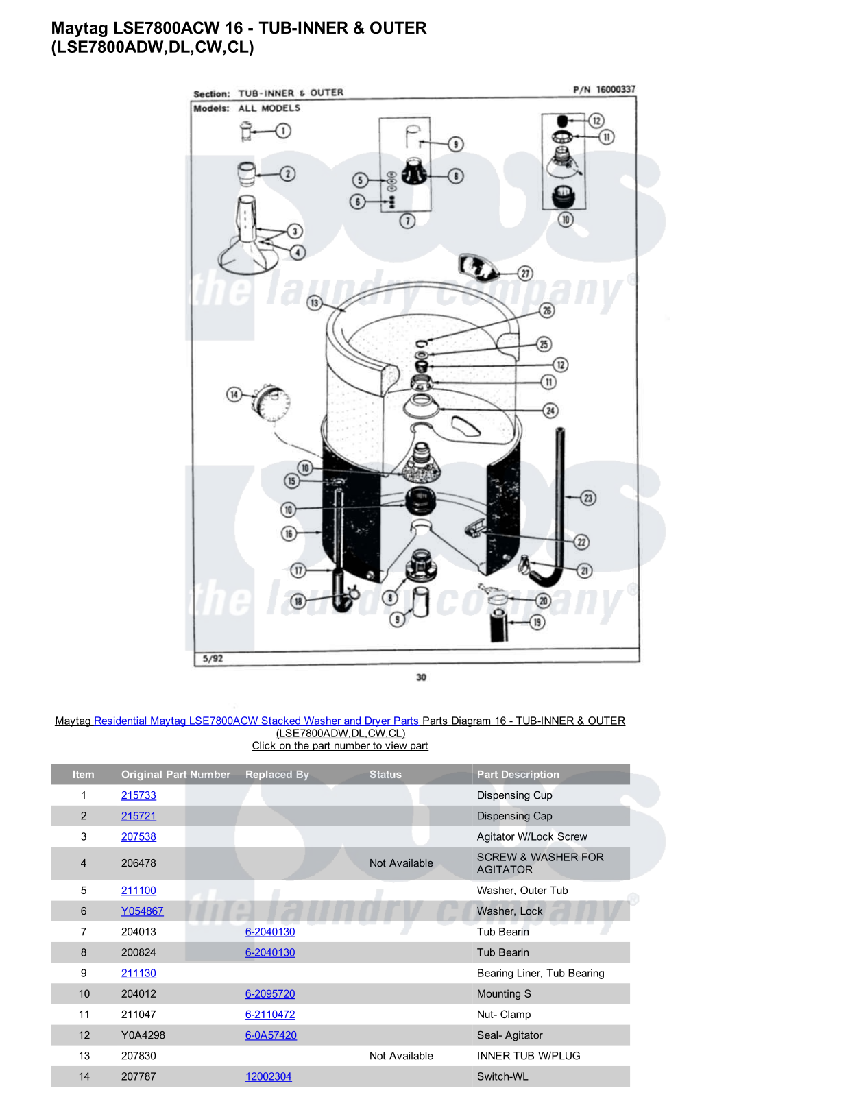 Maytag LSE7800ACW Stacked and Parts Diagram