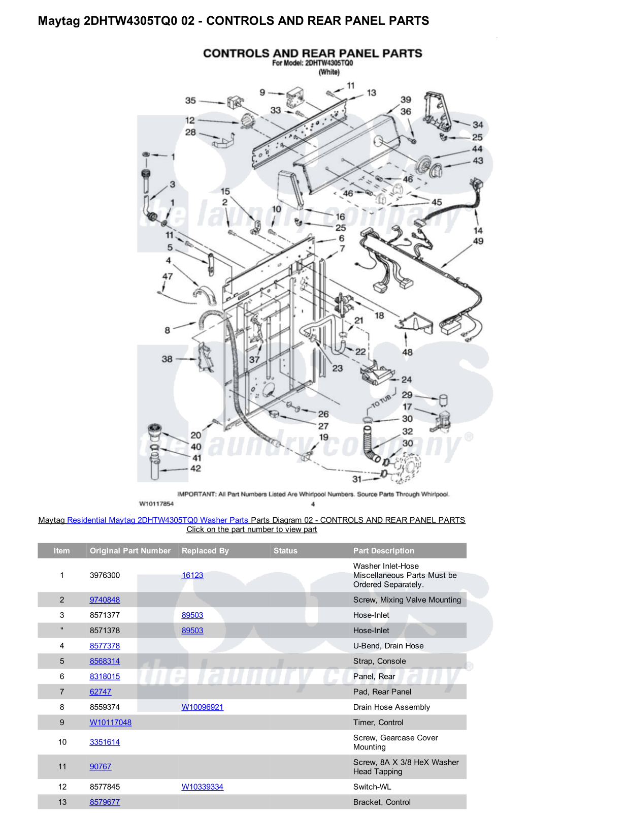 Maytag 2DHTW4305TQ0 Parts Diagram