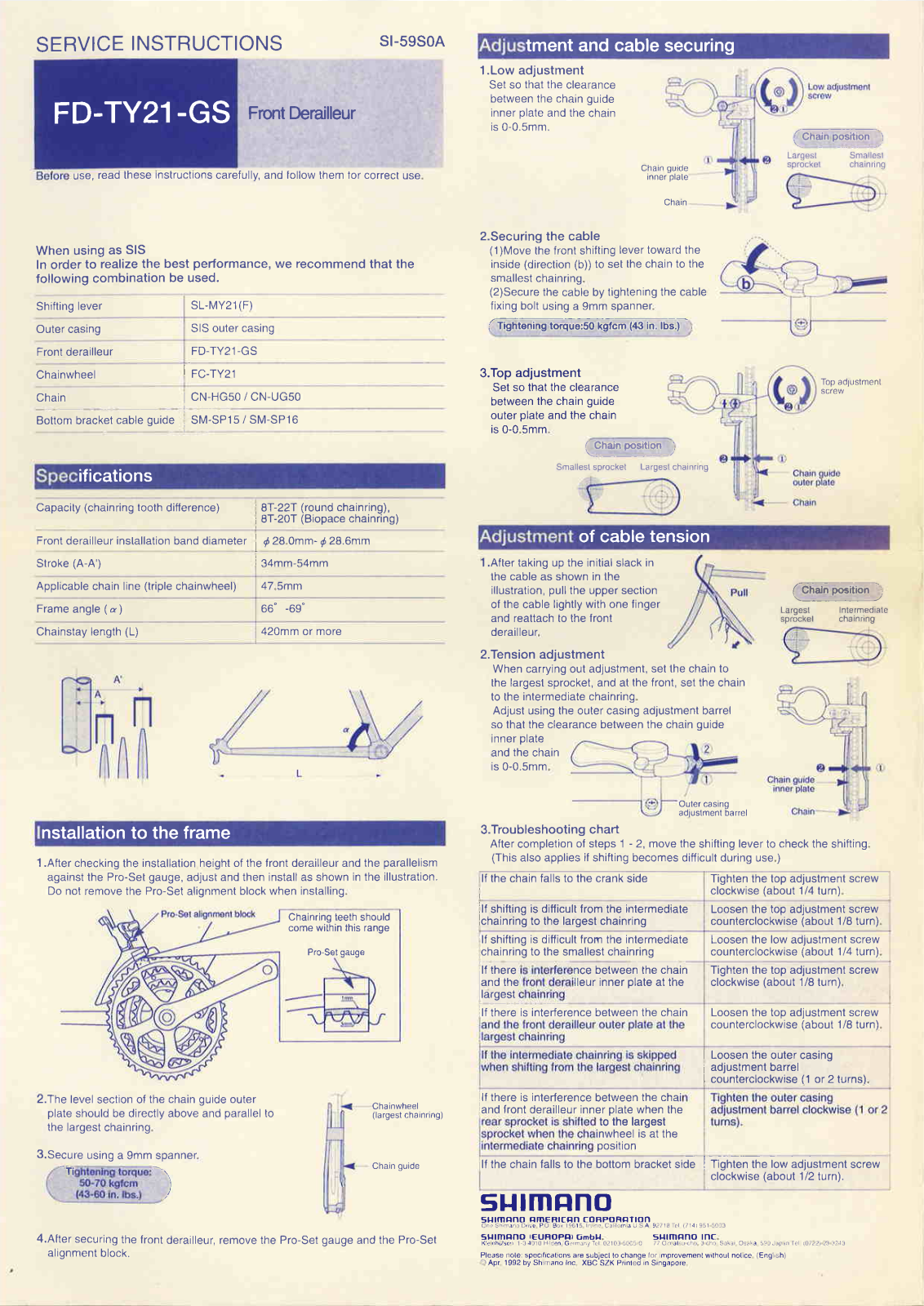Shimano FD-TY21, SL-MY21 Service Instructions - ManualMachine.com
