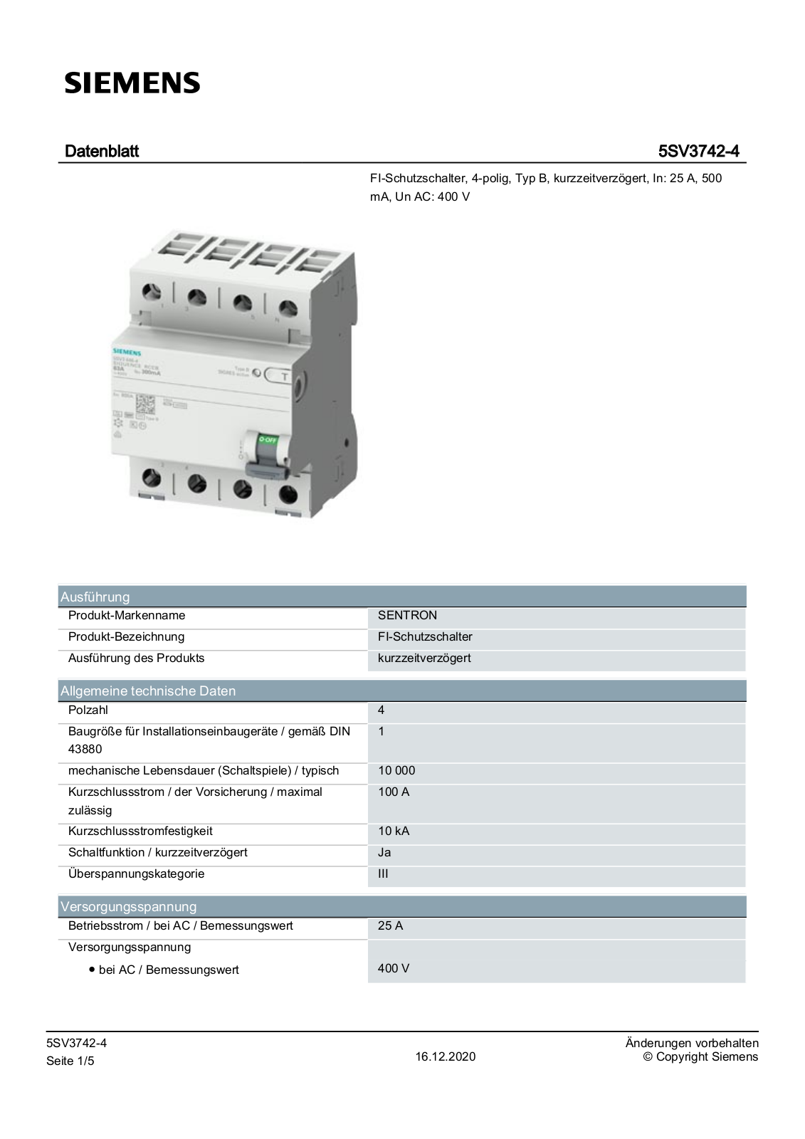 Siemens 5SV3742-4 Datenblatt