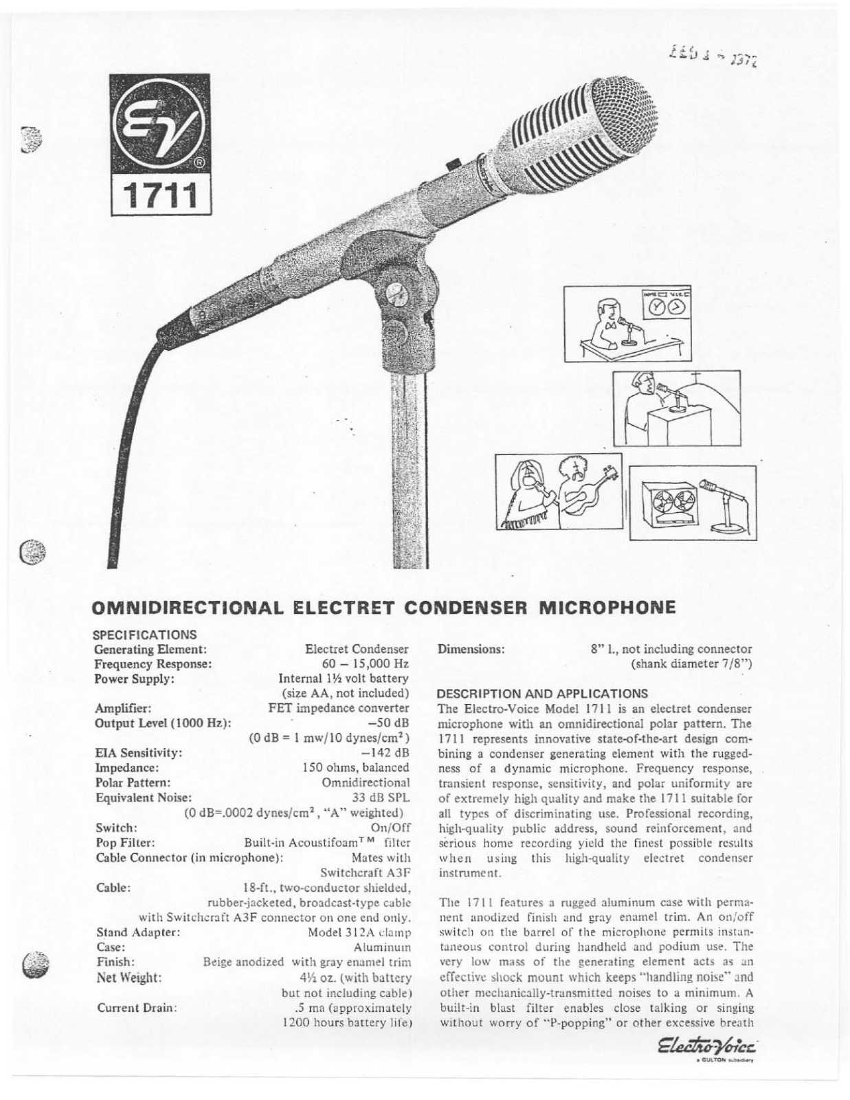 Electro-voice 1711 specification and instructions