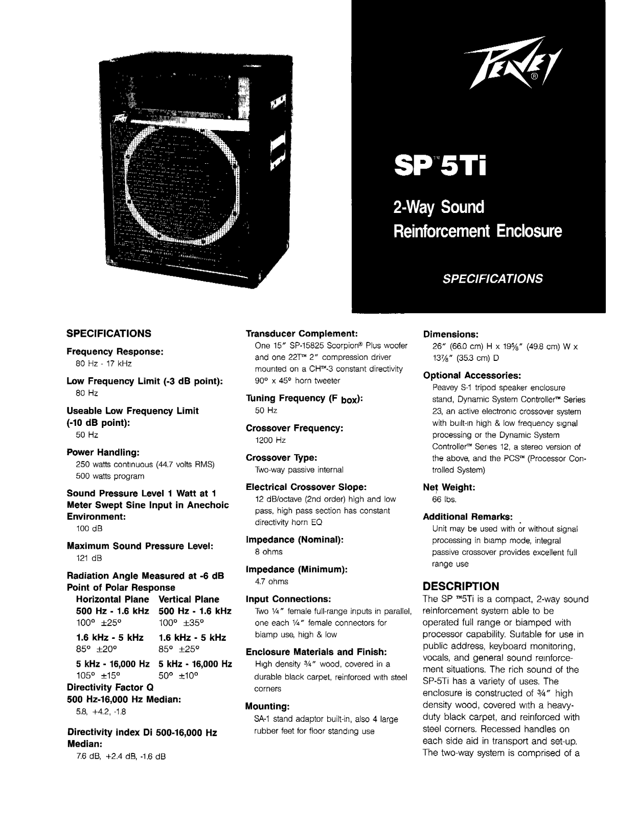 Peavey SP 5TI DATASHEET