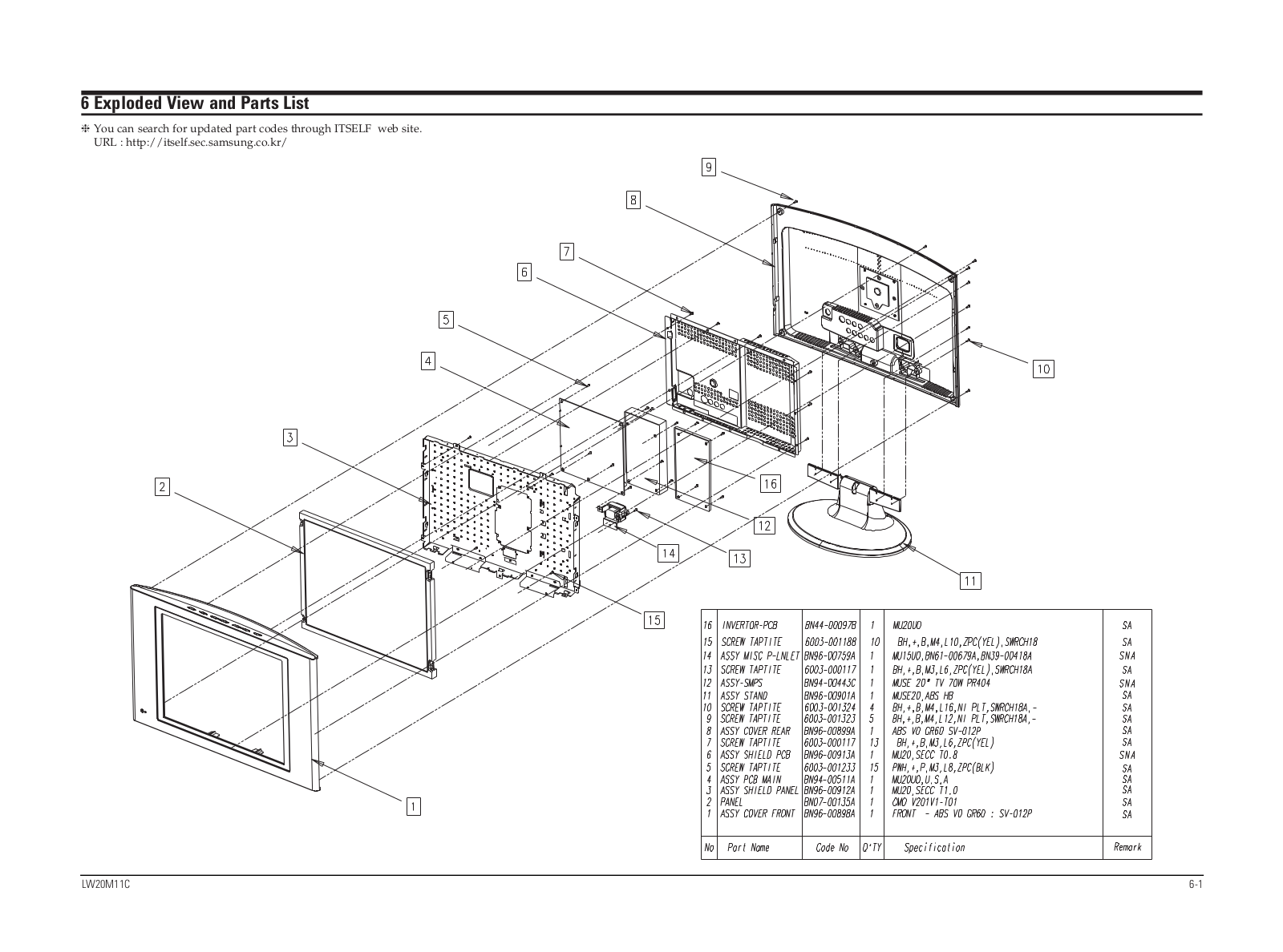 SAMSUNG LW20M11C Service Manual Exploded View & Part List