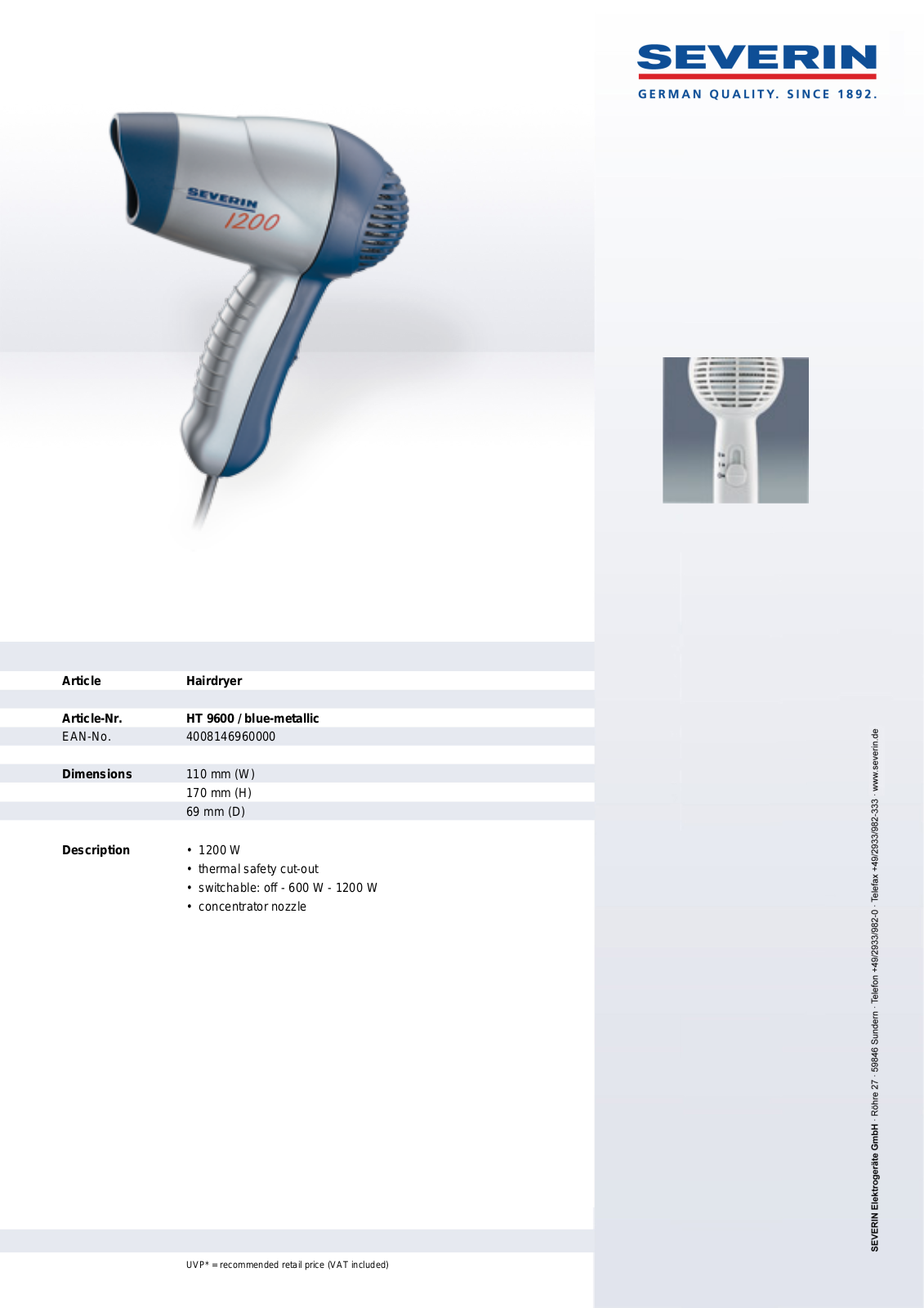 Severin LITTLE 1200 HT 9600 User Manual