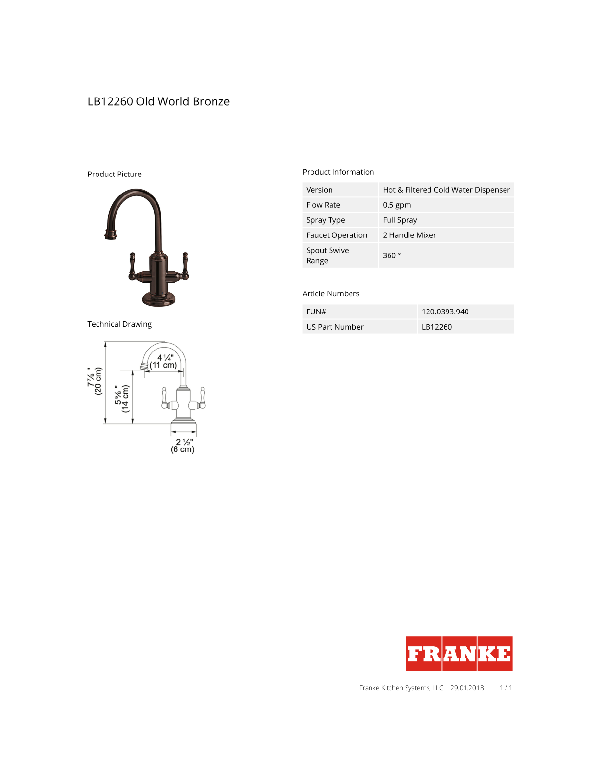 Franke LB12260 Specs