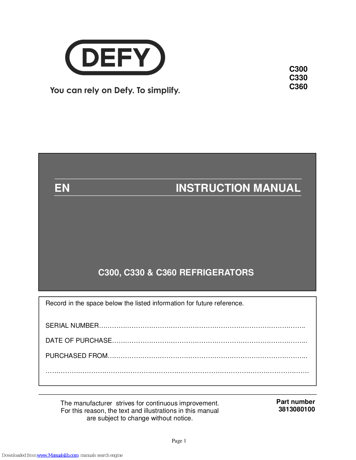 Defy C300, C330, C360, D190, D220 Instruction Manual